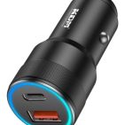 KDM High-Speed Dual Port Car Charger with PD Type-C & USB-A Fast Charging and LED Ring Light
