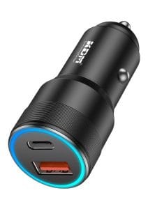 KDM High-Speed Dual Port Car Charger with PD Type-C & USB-A Fast Charging and LED Ring Light