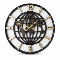 Modern World Map Metal Wall Clock – Black & Gold Decorative Timepiece