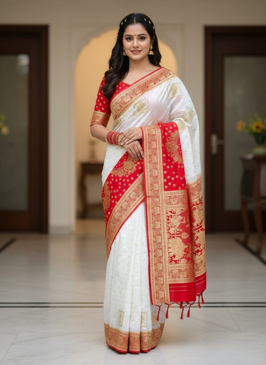 Women's Elegant Banarasi Silk Saree – Traditional White & Red Wedding Collection