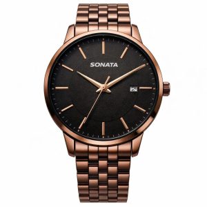 Sonata Rose Gold Metal Strap Watch with Black Dial