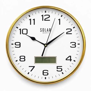 Solar Quartz Round Wall Clock with Gold Frame and Digital Display