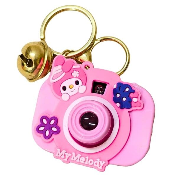 Cute My Melody Camera Keychain – 3D Soft Silicone Bag Charm with Golden Bell and Key Ring
