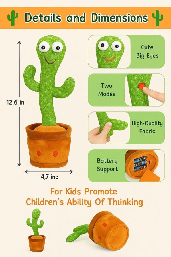 Dancing Cactus Talking Toy – USB Rechargeable Musical Plush with Mimicking Function,green coior