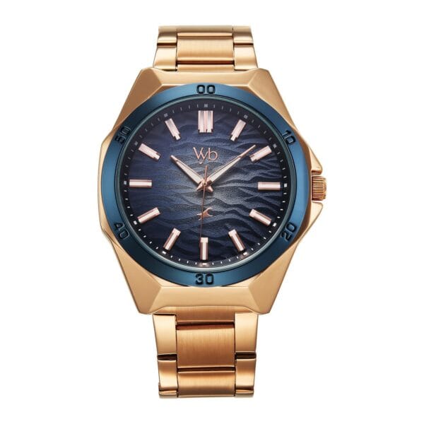 Fastrack Vyb Sundowner Blue Dial Rose Gold Strap Analog Watch for Men Frount