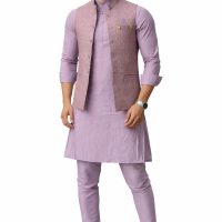 Lavender Kurta Set for Men with Textured Designer Jacket