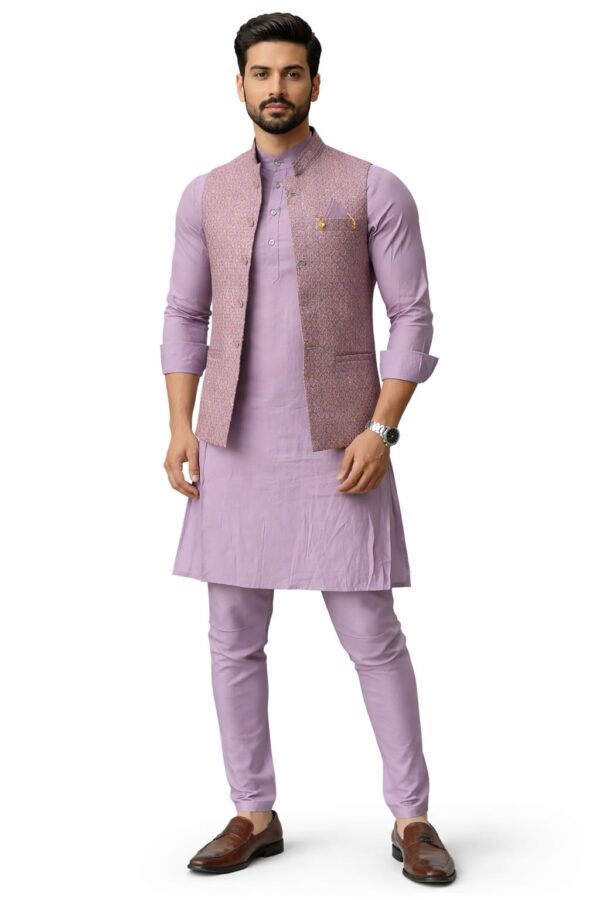 Lavender Kurta Set for Men with Textured Designer Jacket