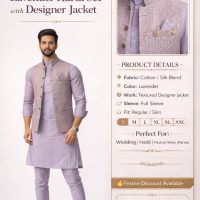 Lavender Kurta Set for Men with Textured Designer Jacket Details