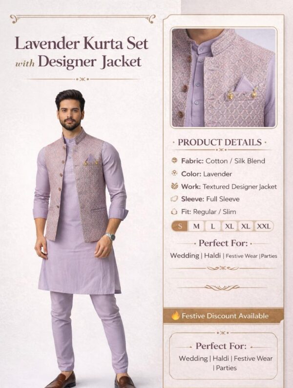 Lavender Kurta Set for Men with Textured Designer Jacket Details