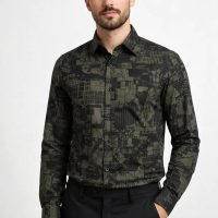 Men’s Noir Abstract Grunge-Art Printed Shirt – Black & Mehndi
