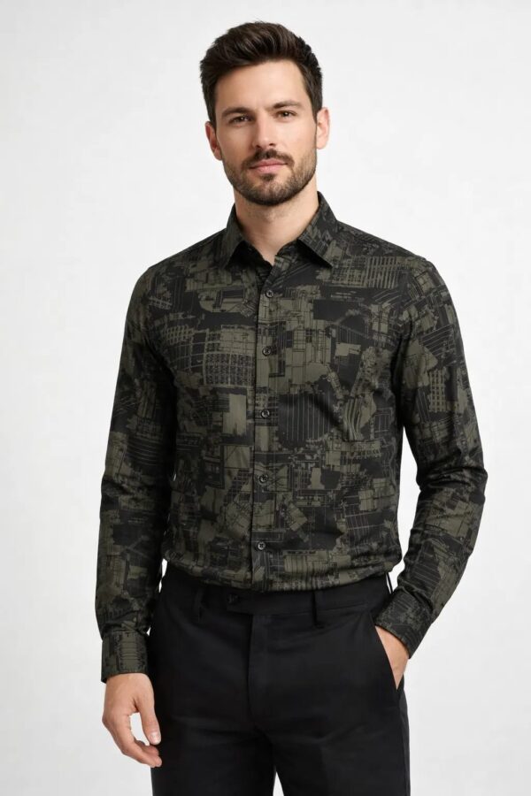 Men’s Noir Abstract Grunge-Art Printed Shirt – Black & Mehndi