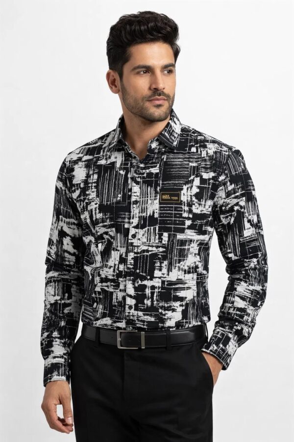 Men’s Noir Abstract Grunge-Art Printed Shirt – Black & White Mono