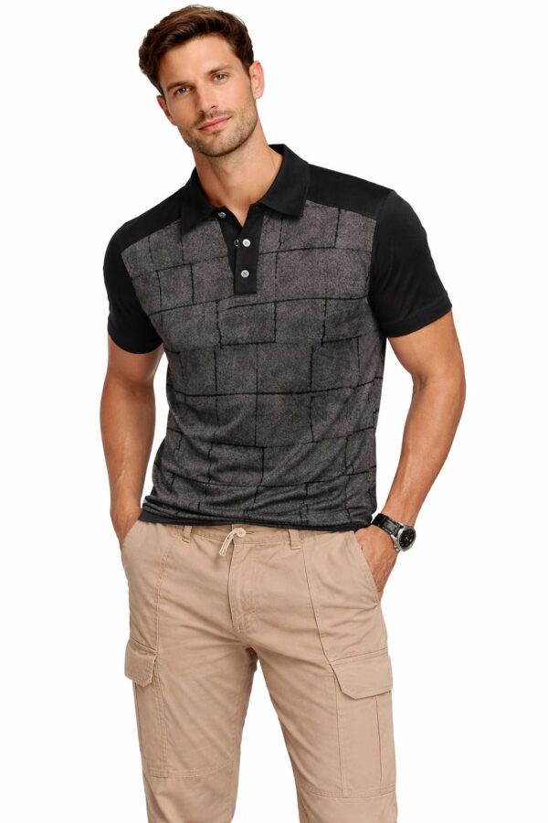Men’s Urban Stone-Grid Colorblock Polo Shirt – Charcoal & Black