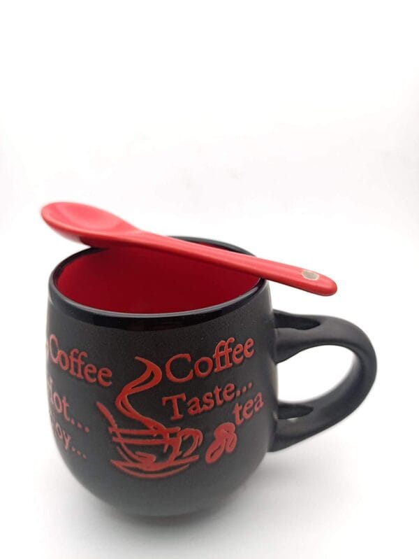 Premium Matte Black Ceramic Coffee Mug with Integrated Red Spoon