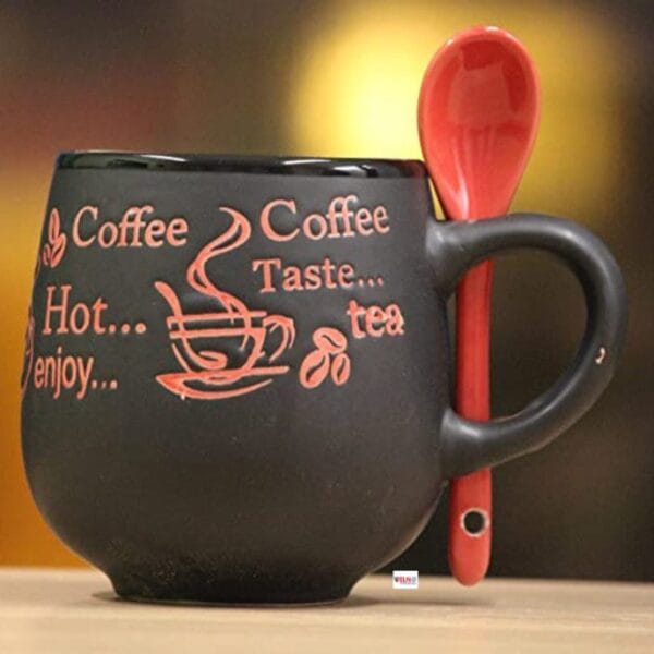Premium Matte Black Ceramic Coffee Mug with Integrated Red Spoon – 350ml Round Belly Tea