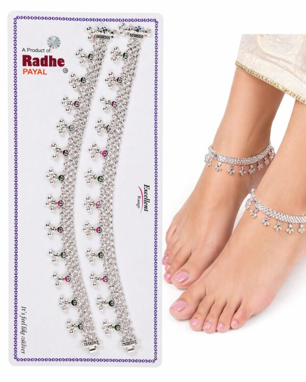 Radhe Premium Silver-Plated Bridal Payal – Traditional Ethnic Anklets with Multi-Color Stone Accents (1 Pair)