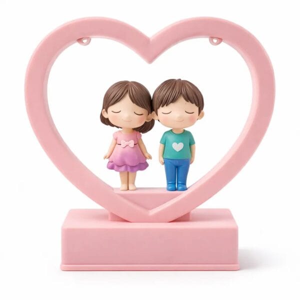 Romantic Love Couple Miniature Figurine in Pink Circular Glow-Frame heart shap