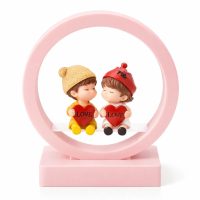 Romantic LoveCouple Miniature Figurine in Pink Circular Glow-Frame