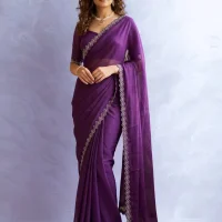 Royal Plum Chiffon Saree with Intricate Zari Zig-Zag Border