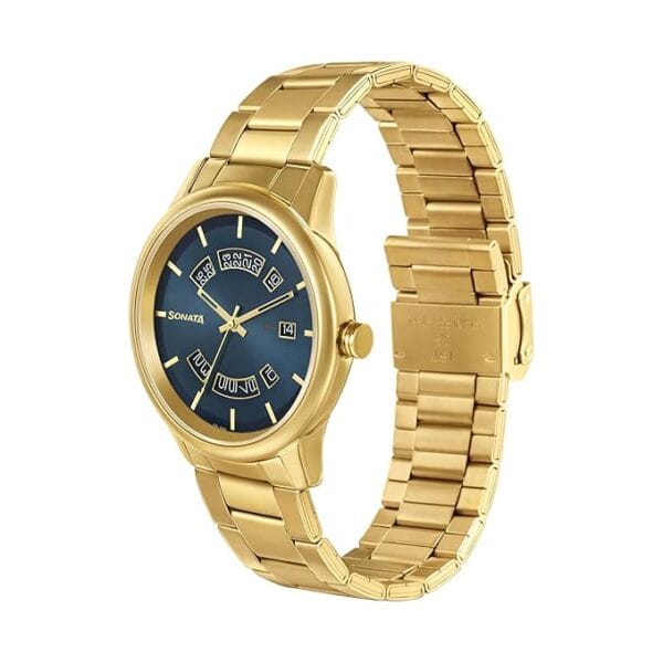 Sonata Versatyle Blue Dial Golden Stainless Steel Strap Watch for Men Left said