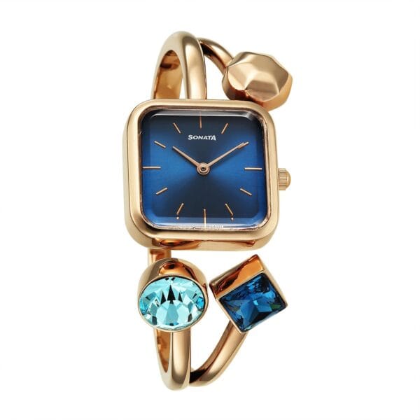 Sonata Watches Stylish Women’s Analog Watch Square Blue Dial Rose Gold Bracelet with Crystal Stones