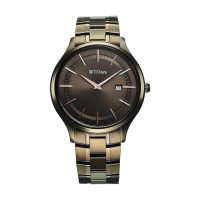 Titan Neo Men’s Quartz Watch with Brown Sunray Dial and Antique Gold-Tone Stainless Steel Strap