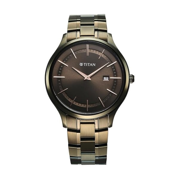 Titan Neo Men’s Quartz Watch with Brown Sunray Dial and Antique Gold-Tone Stainless Steel Strap