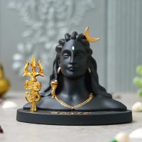 Divine Adiyogi Shiva Bust Figurine – Matte Black Spiritual Idol with Golden Trishul & Crescent Moon for Home, Office, or Car Dashboard