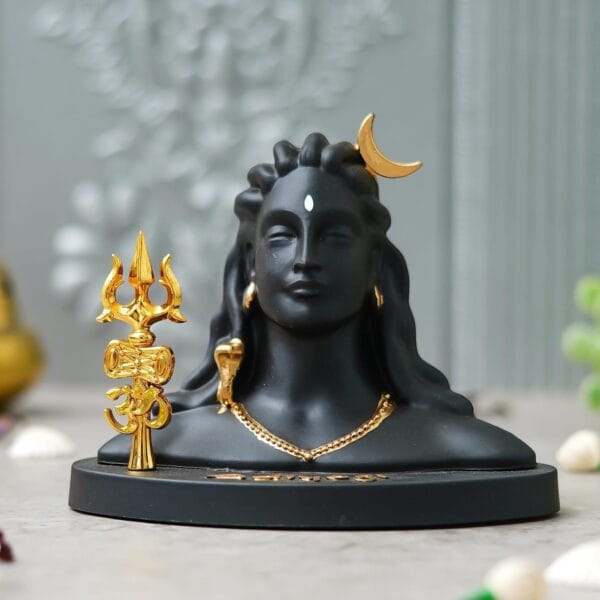 Divine Adiyogi Shiva Bust Figurine – Matte Black Spiritual Idol with Golden Trishul & Crescent Moon for Home, Office, or Car Dashboard