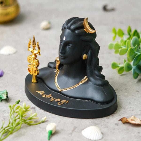 Divine Adiyogi Shiva Bust Figurine – Matte Black Spiritual Idol with Golden Trishul & Crescent Moon for Home, Office, or Car Dashboard