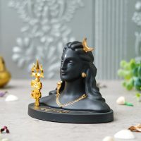 Divine Adiyogi Shiva Bust Figurine – Matte Black Spiritual Idol with Golden Trishul & Crescent Moon for Home, Office, or Car Dashboard