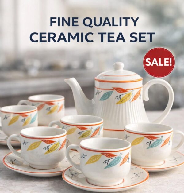 Royal Floral Ceramic Tea Set (Set of 13) – Premium Teapot, Cups, and Saucers with Elegant Leaf Motif
