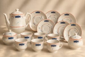 Elegant Teapot, Cups & Saucers with Golden Accents