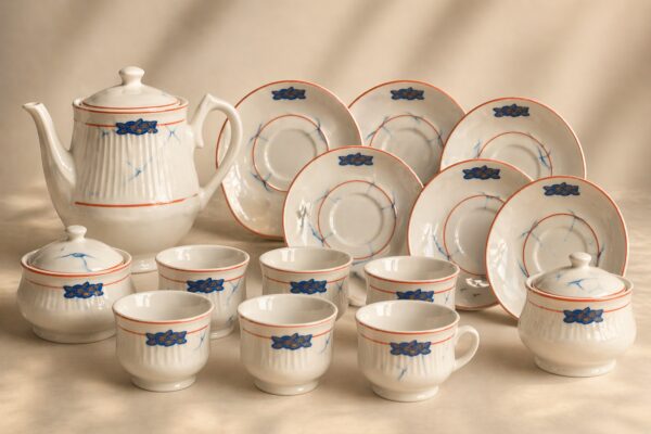 Luxury Azure Crest Ceramic Tea Set (15 Pieces) – Elegant Teapot, Cups & Saucers with Golden Accents