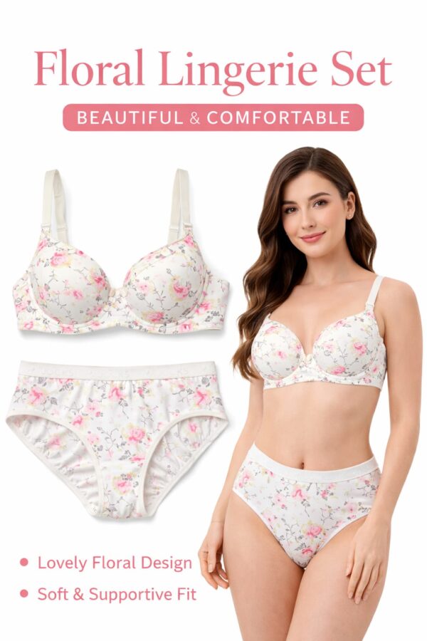 Women Floral Print Lingerie Set (White, Pink) Women Floral Print Lingerie Set (White, Pink)