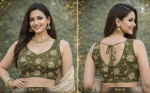 Women’s Premium Olive Green Chanderi Silk Blouse – Floral Zari Embroidery with Dori Tie-Back
