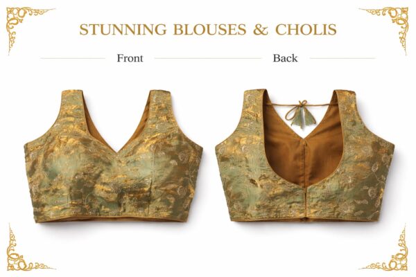 Women's Premium Sage & Gold Brocade Choli – Metallic Floral Embroidered Sleeveless Blouse Women's Premium Sage & Gold Brocade Choli – Metallic Floral Embroidered Sleeveless Blouse