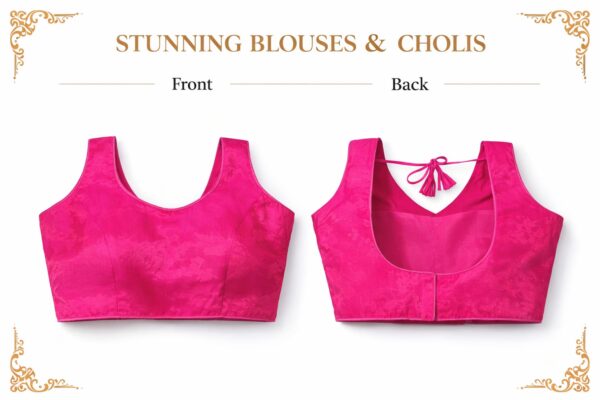 Women's Vibrant Rani Pink Raw Silk Blouse – Sleeveless Designer Choli with Dori Tie-Back