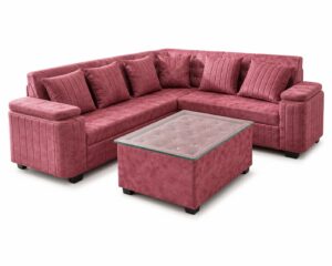 L-Shape Sectional 6 Seater Sofa Set with Glass-Top Center Table and 6 Cushions (Rose Pink)