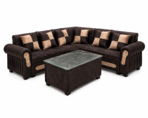 L-Shape Sectional 6 Seater Sofa Set with Glass-Top Center Table and 6 Cushions (Dark Brown & Beige)