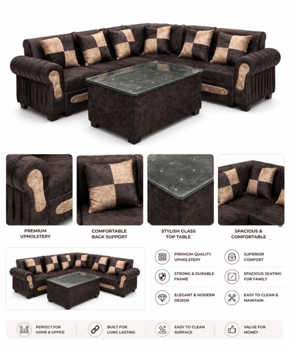 L-Shape Sectional 6 Seater Sofa Set with Glass-Top Center Table 2