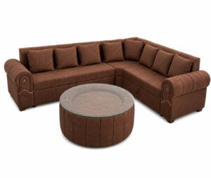 L-Shape Sectional 8 Seater Sofa Set with Elegant Round Glass Top Center Table (Tan Brown)
