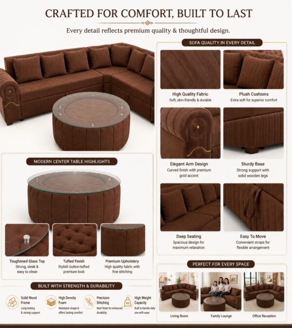 L-Shape Sectional 8 Seater Sofa Set with Elegant Round Glass Top Center Table 2