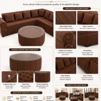 L-Shape Sectional 8 Seater Sofa Set with Elegant Round Glass Top Center Table 2