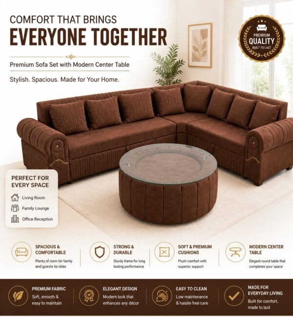 L-Shape Sectional 8 Seater Sofa Set with Elegant Round Glass Top Center Table 3