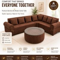L-Shape Sectional 8 Seater Sofa Set with Elegant Round Glass Top Center Table 3