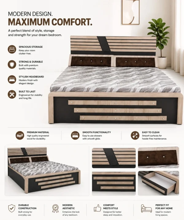 Modern King Size Engineered Wood Storage Bed with Cushion Headboard 2