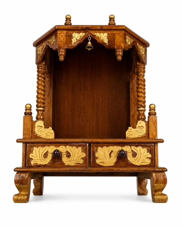 Traditional Solid Wood Pooja Mandir for Home with Storage Drawers 001