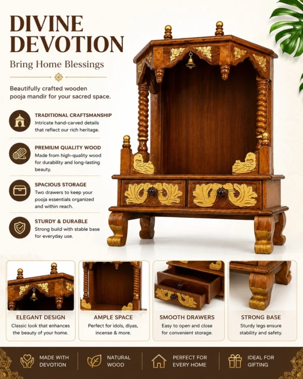 Traditional Solid Wood Pooja Mandir for Home with Storage Drawers 002