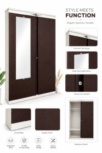 2-Door Wardrobe with Full Length Mirror & Secure Lock (Dark Brown & White)